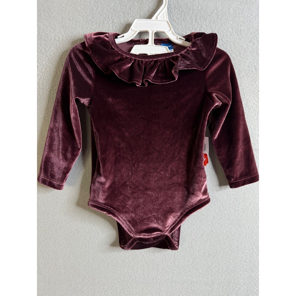 Old Navy Baby Girl 12-18 M Velvet Ruffle Collar Bodysuit Burgundy NWT